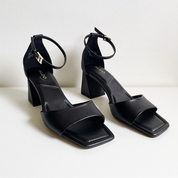 NEW ALDO Safdie Ankle strap heels sandal Block heel square toe black leather 8.5 - Picture 3 of 16